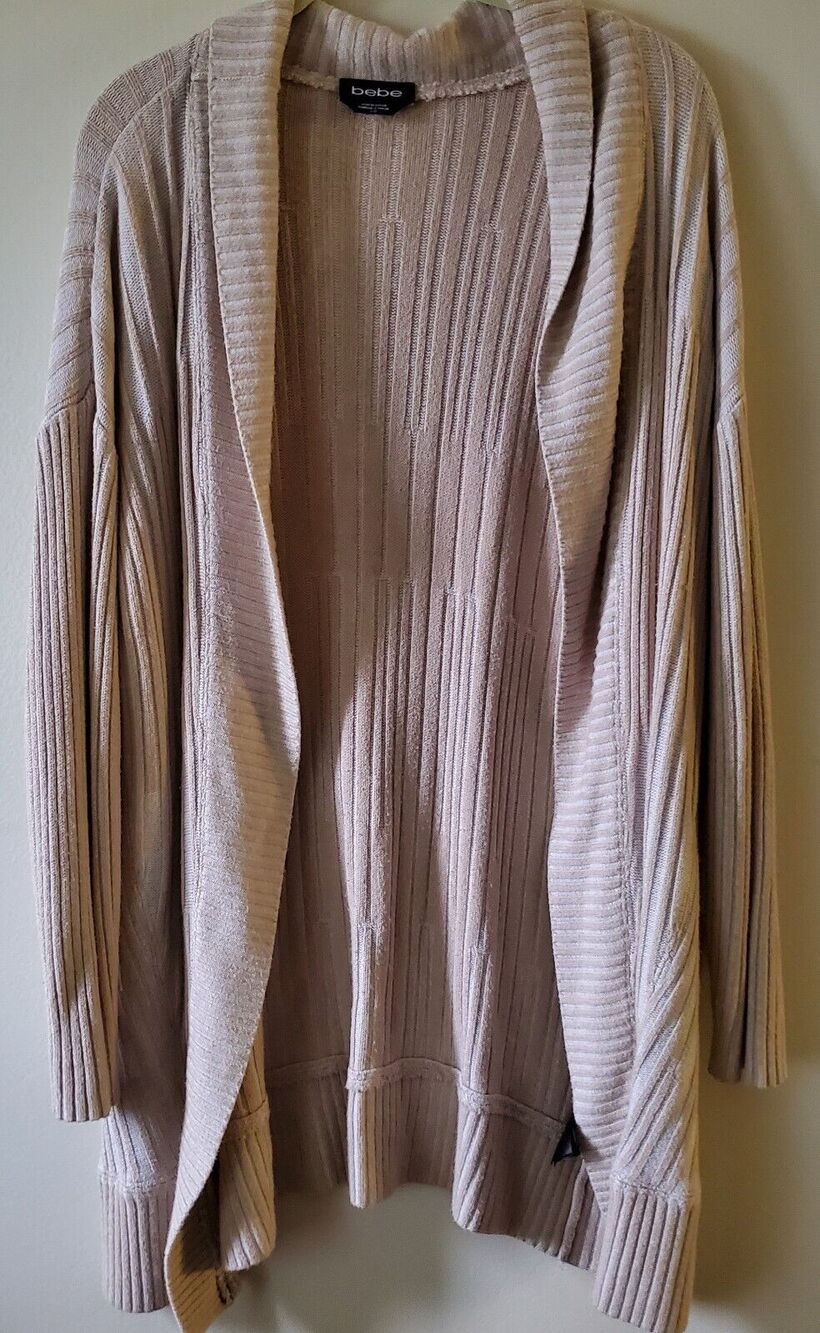 BeBe Size L Cardigan Open Shawl Collar Beige Mid Length Tight Knit